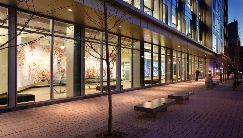 View of the KI Public Galleries from the sidewalk at sunset