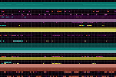 bands of color and black. black bands are pixelated.